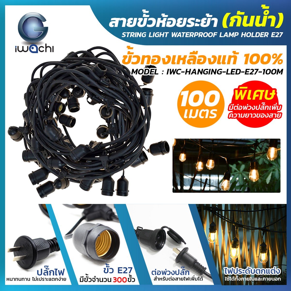 สายขั้วห้อยระย้า (กันน้ำ) IWC-HANGING-LED-E27-100M