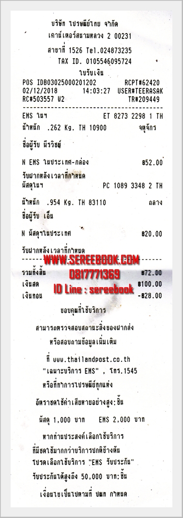  รายการแจ้งหมายเลขลงทะเบียนการจัดส่งสินค้า ร้านหนังสือเสรีบุ๊ค www.sereebook.com 2/1//61 ขอบคุณครับ : )