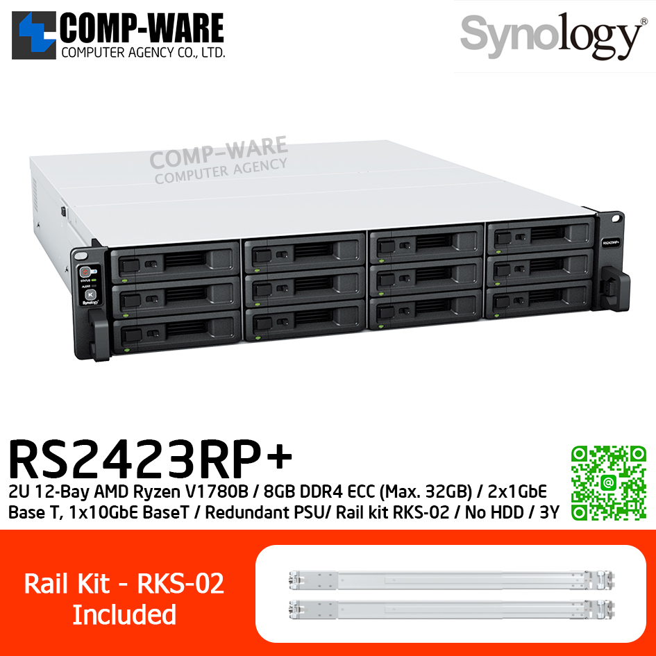Synology RackStation (2U 12-Bay) RS2423RP+ / AMD Ryzen V1780B / 8GB DDR4 ECC (Max. 32GB) / 2x1GbE Base T, 1x10GbE Base T / Redundant Power Supply / Rail kit RKS-02 / No HDD / 3Y Warranty
