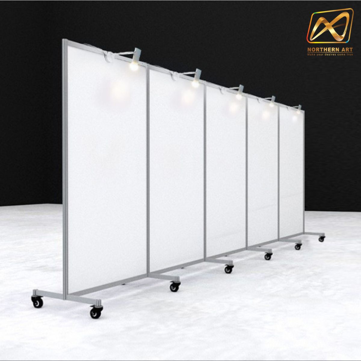 บอร์ดจัดนิทรรศการ บอร์ดอะลูมิเนียม ตั้งตรงต่อเนื่อง 5 บาน ขนาด 100x200 ซม. ถอดประกอบได้ พร้อมล้อเลื่อน พับได้ เคลื่อนย้ายสะดวก