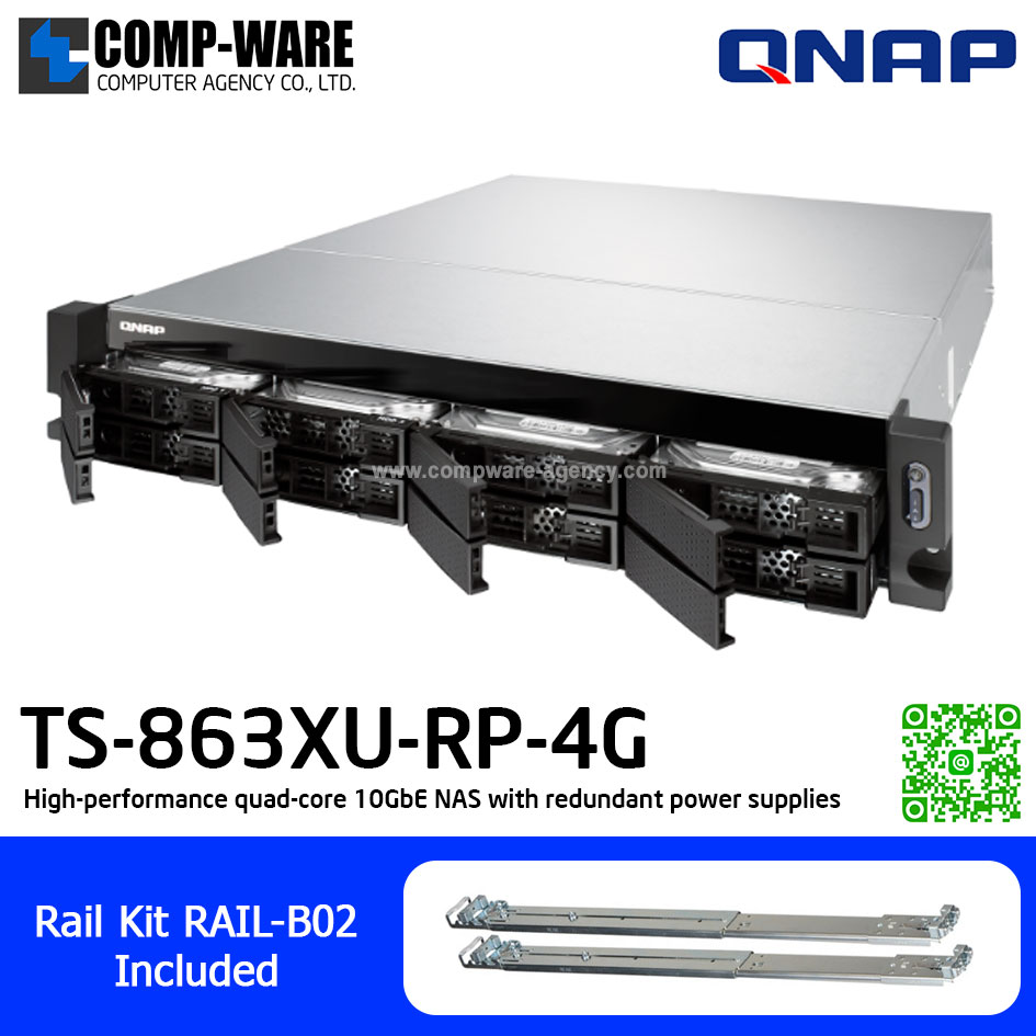 QNAP NAS (2U 8-Bay) TS-863XU (4GB RAM) Single Power Supply , Redundant Power Supply , with Rail kit (RAIL-B02), No HDD