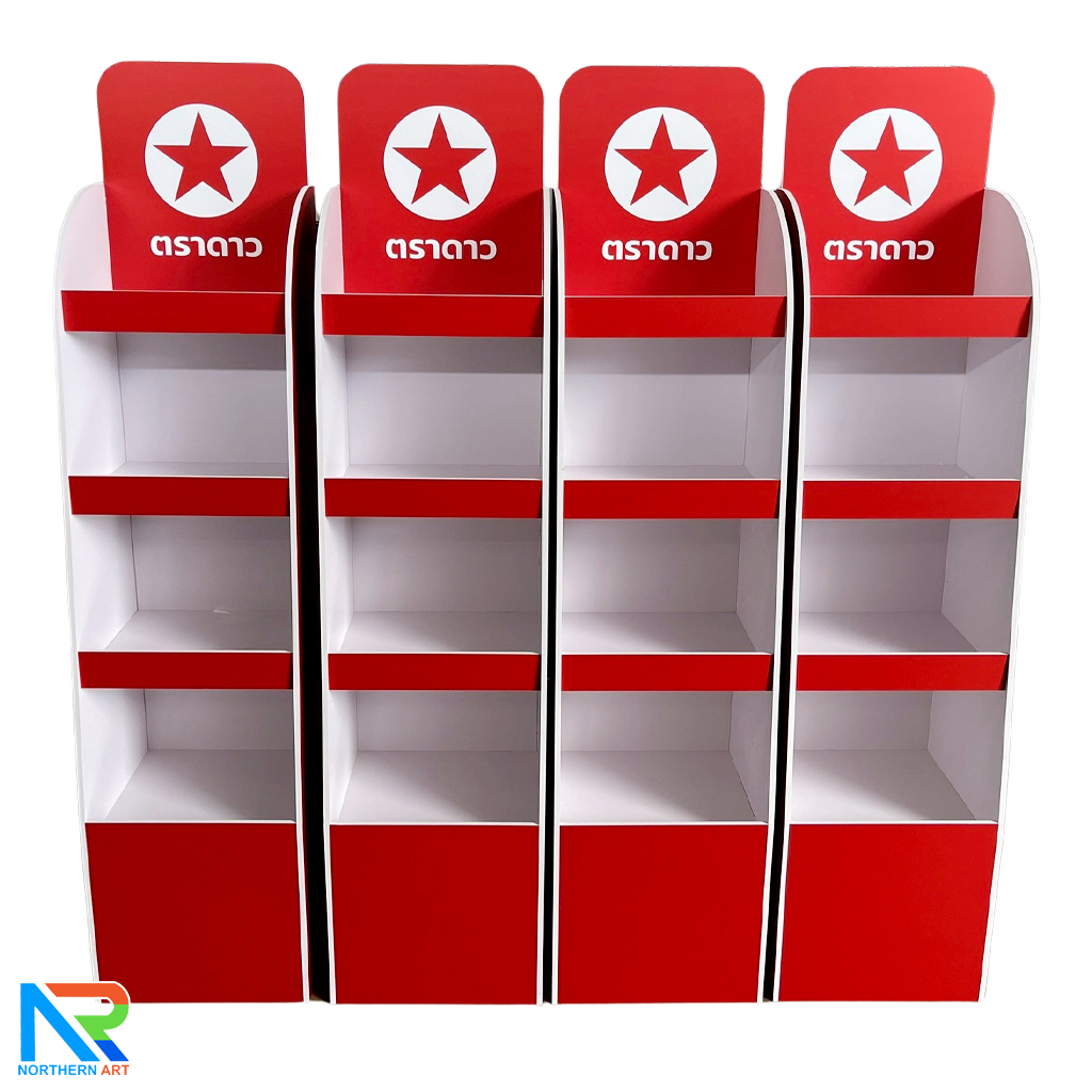 ชั้นวางสินค้าพลาสวูด 4 ชั้น ขนาด (W)30 x (D)30 x (H)135 ซม. พลาสวูดหนา 8 มม.พร้อมงานพิมพ์สติ๊กเกอร์