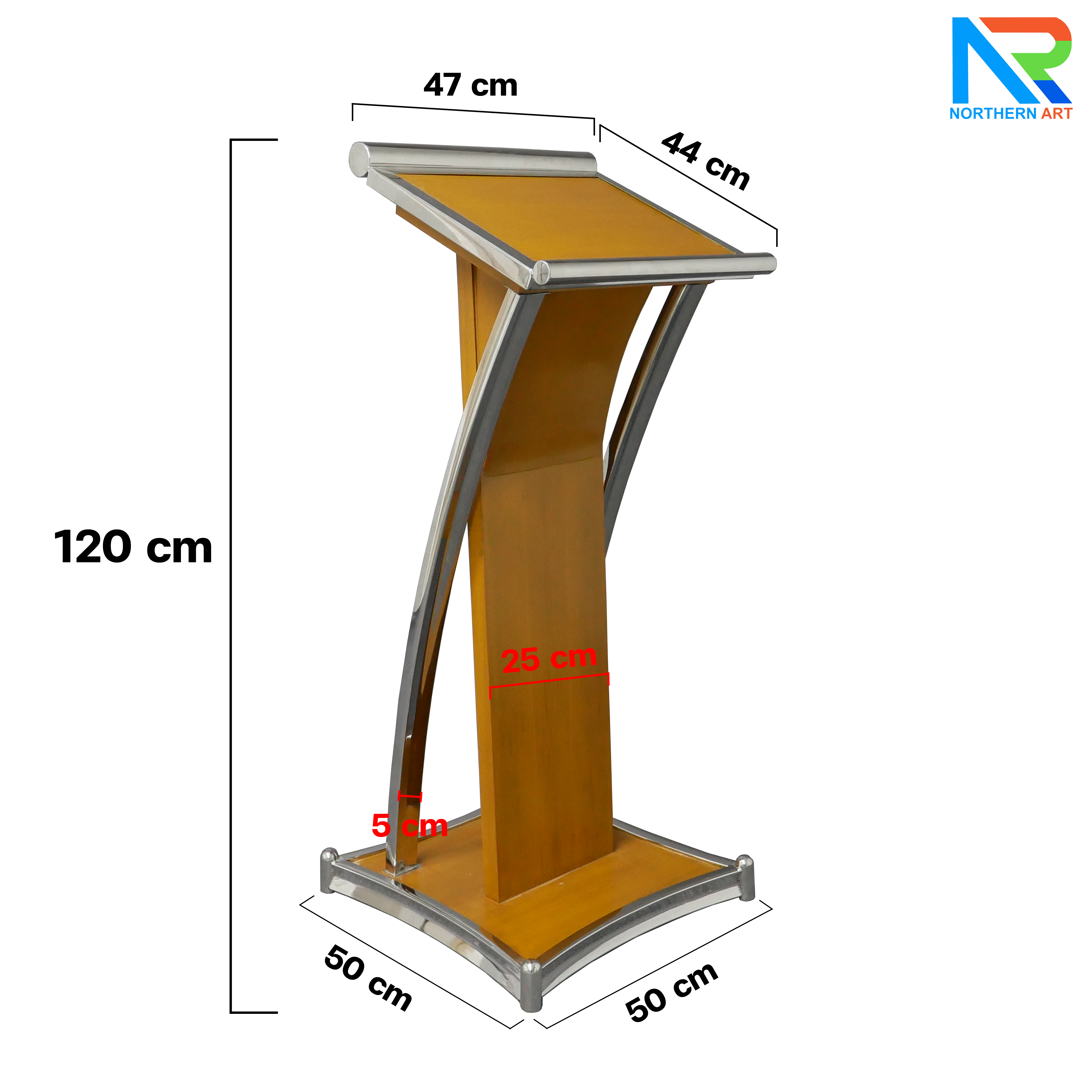 โพเดียมไม้สีสัก ตกแต่งสแตนเลส เกรด304 ขนาด (W) 47 x (D) 44 x (H)120 cm.