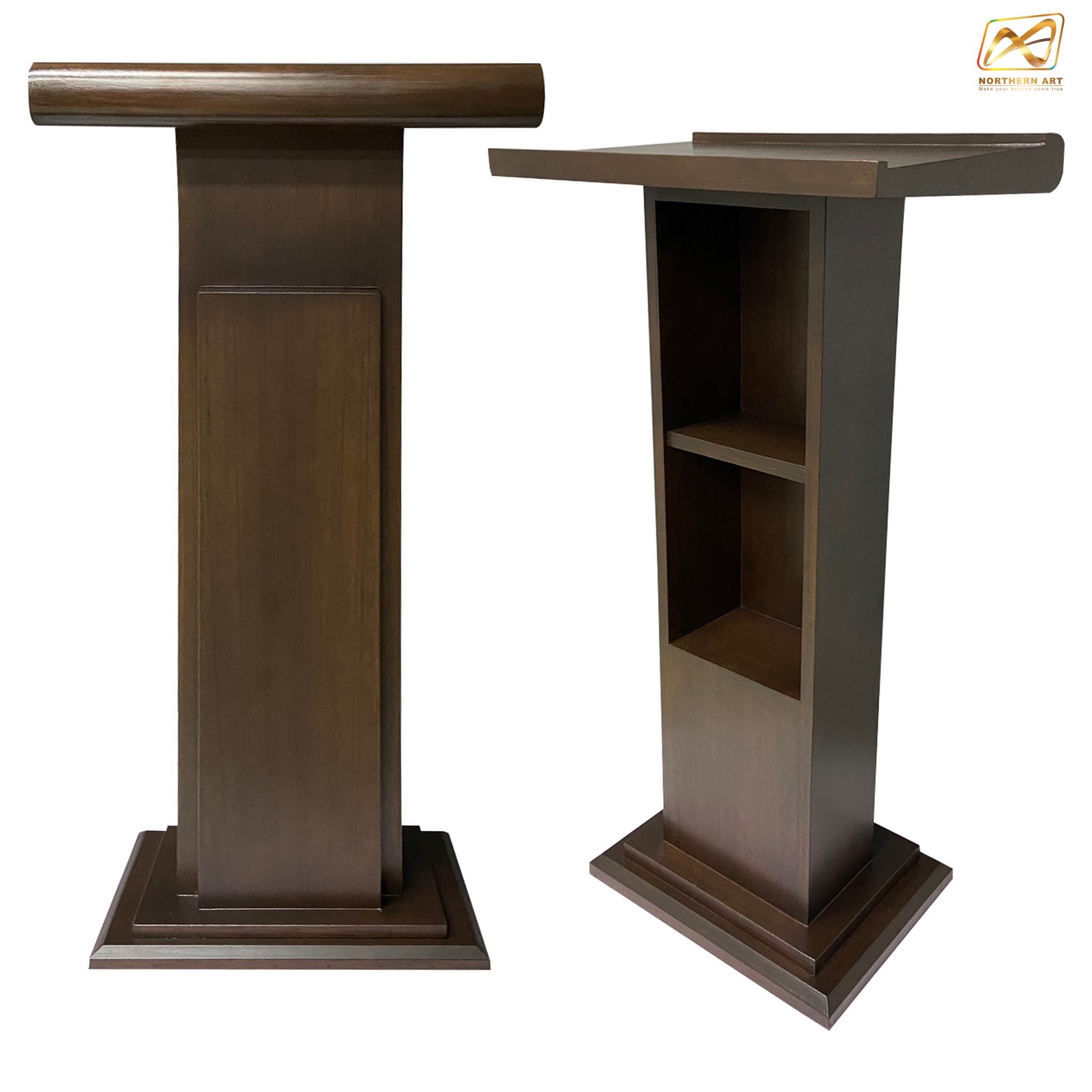 โพเดียมไม้ สีโอ๊ค ทรงโมเดิร์น TOPตรง ขนาด (W)55 x (L)42 x (H)109 cm. พร้อมชั้นวางของ