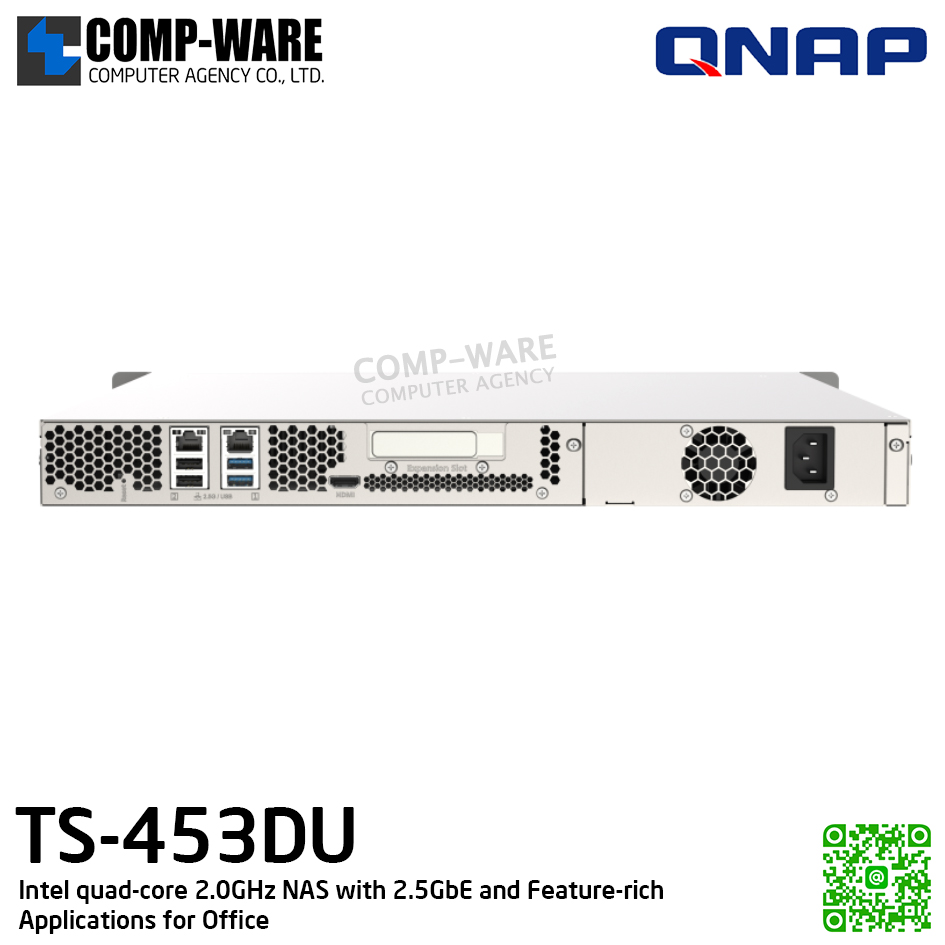 QNAP (1U 4-Bay) TS-453DU-4G / Intel Celeron J4125 (4Core) / 4GB DDR4 SODIMM / 4 x 2.5"/3.5" SATA 6Gbps / 2 x 2.5GbE (2.5G/1G/100M/10M) / Single PSU / 3Y Warranty / No HDD / Rail Kit RAIL-B02