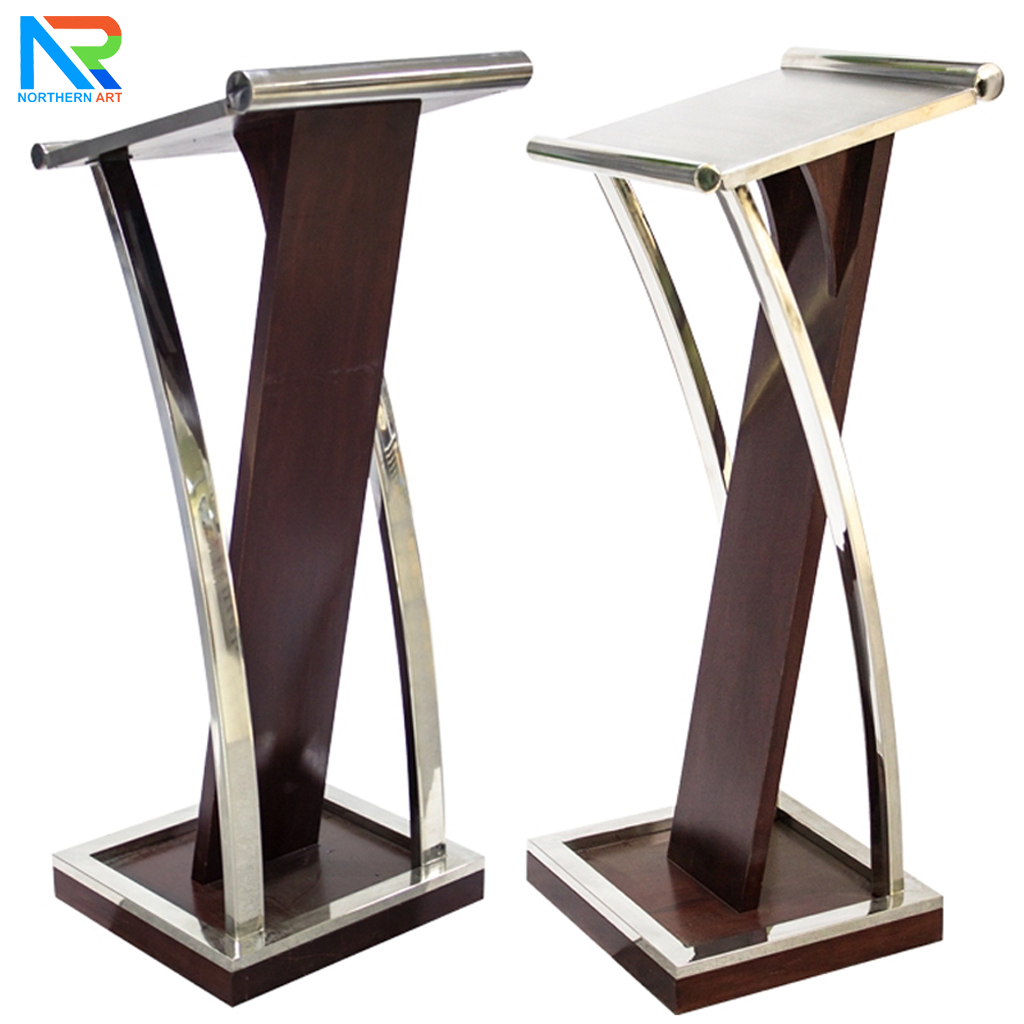 โพเดียมไม้จริง สีโอ๊คน้ำตาล PD-01 ขนาด (W) 48x (L) 51 (H) 120 cm Top หุ้มสแตนเลส เกรด 304 พร้อมตกแต่งเสาโค้งสแตนเลส