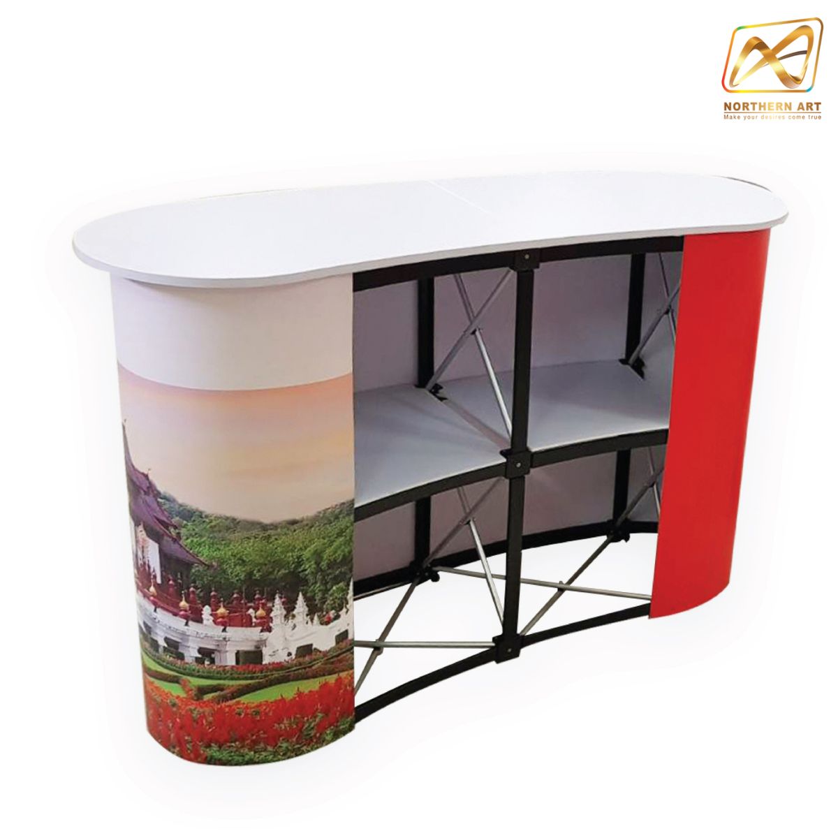 เคาน์เตอร์สำเร็จรูป รุ่นโค้ง TOPสีขาว มีช้นวาง ขนาด (W)133 x (D)39 x (H) 90 cm.โครงอะลูมิเนียม พับเก็บได้ เคลื่อนย้ายสะดวก