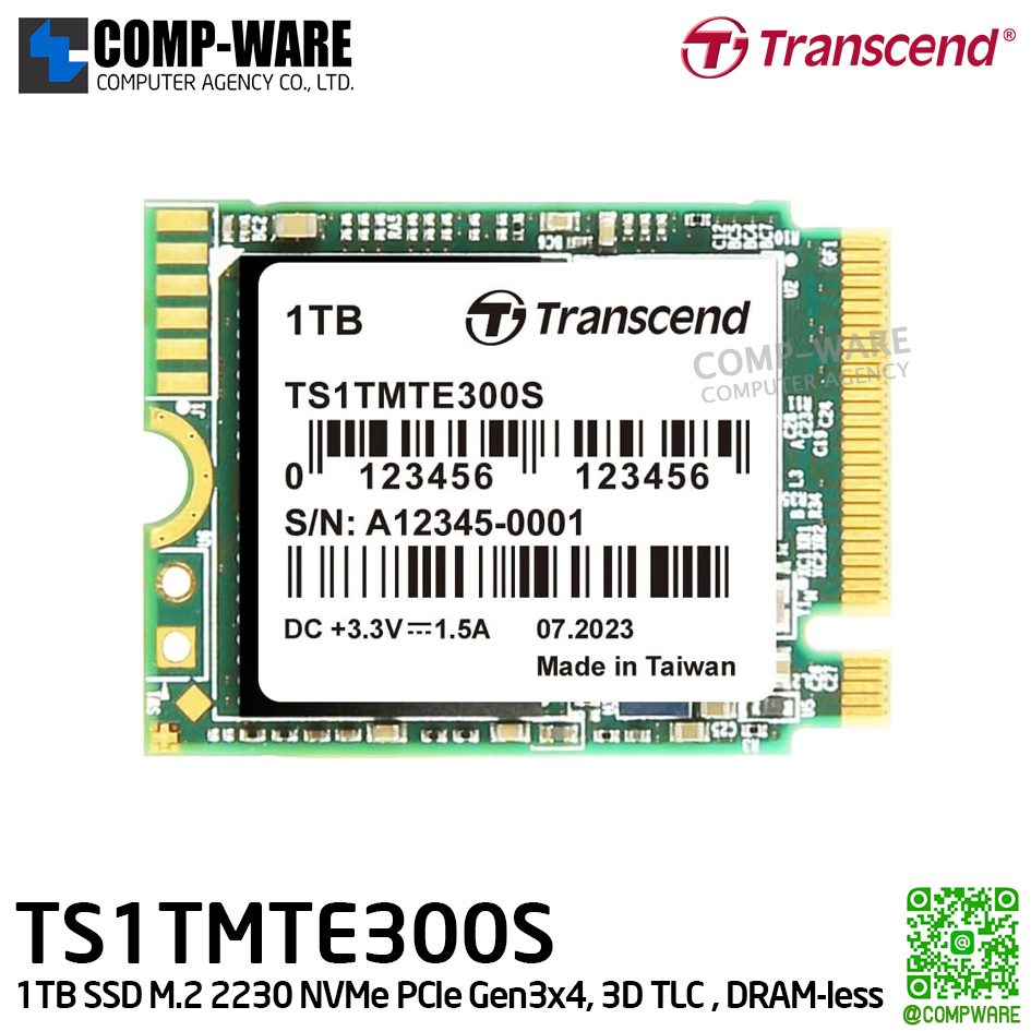 Transcend MTE300S 1TB SSD M.2 2230 NVMe PCIe Gen3x4, 3D TLC , DRAM-less, TS1TMTE300S - 5Y Warranty