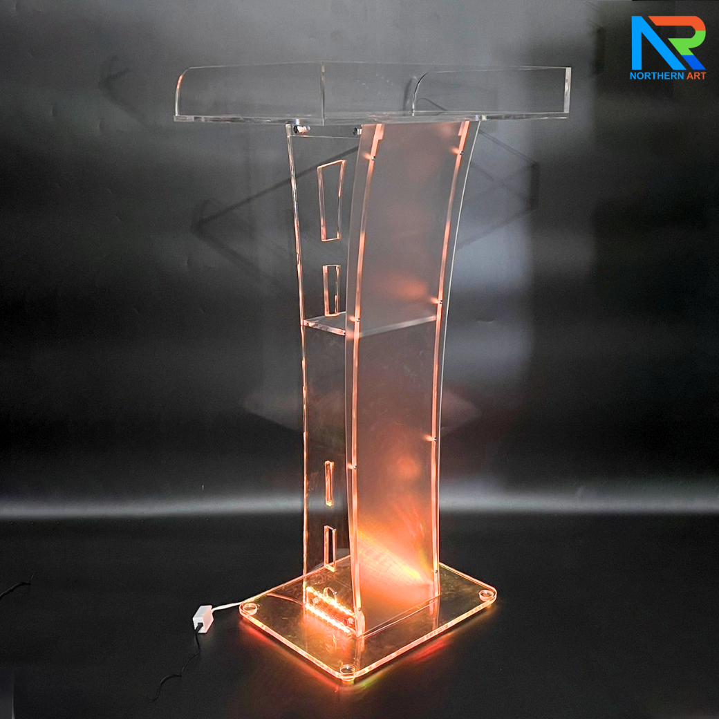 โพเดียมอะคริลิค เรืองแสงไฟ LED พร้อมรีโมทคอนโทรล รุ่น LED-05 ขนาด (W) 60 x (L) 42 x (H) 109 ซม.