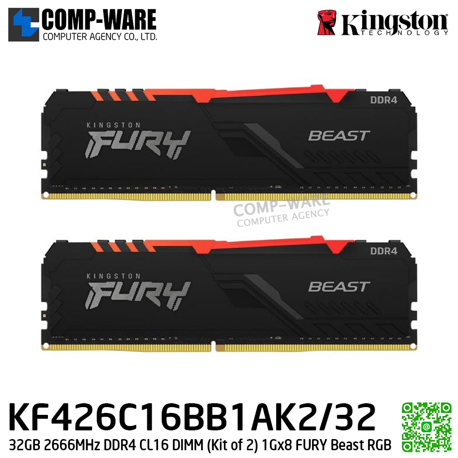 Kingston KF426C16BB1AK2/32 32GB 2666MHz DDR4 CL16 DIMM (Kit of 2) 1Gx8 FURY Beast RGB - Lifetime Warranty - Memory Module - RAM