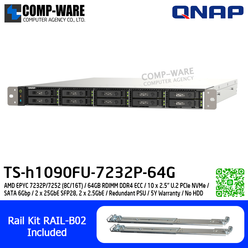 QNAP (1U 10-Bay) TS-h1090FU-7232P-64G / AMD EPYC 7232P/7252 (8C/16T) / 64GB RDIMM DDR4 ECC / 10 x 2.5" U.2 PCIe NVMe / SATA 6Gbp / 2 x 25GbE SFP28, 2 x 2.5GbE / Redundant PSU / 5Y Warranty / No HDD / Rail Kit RAIL-B02