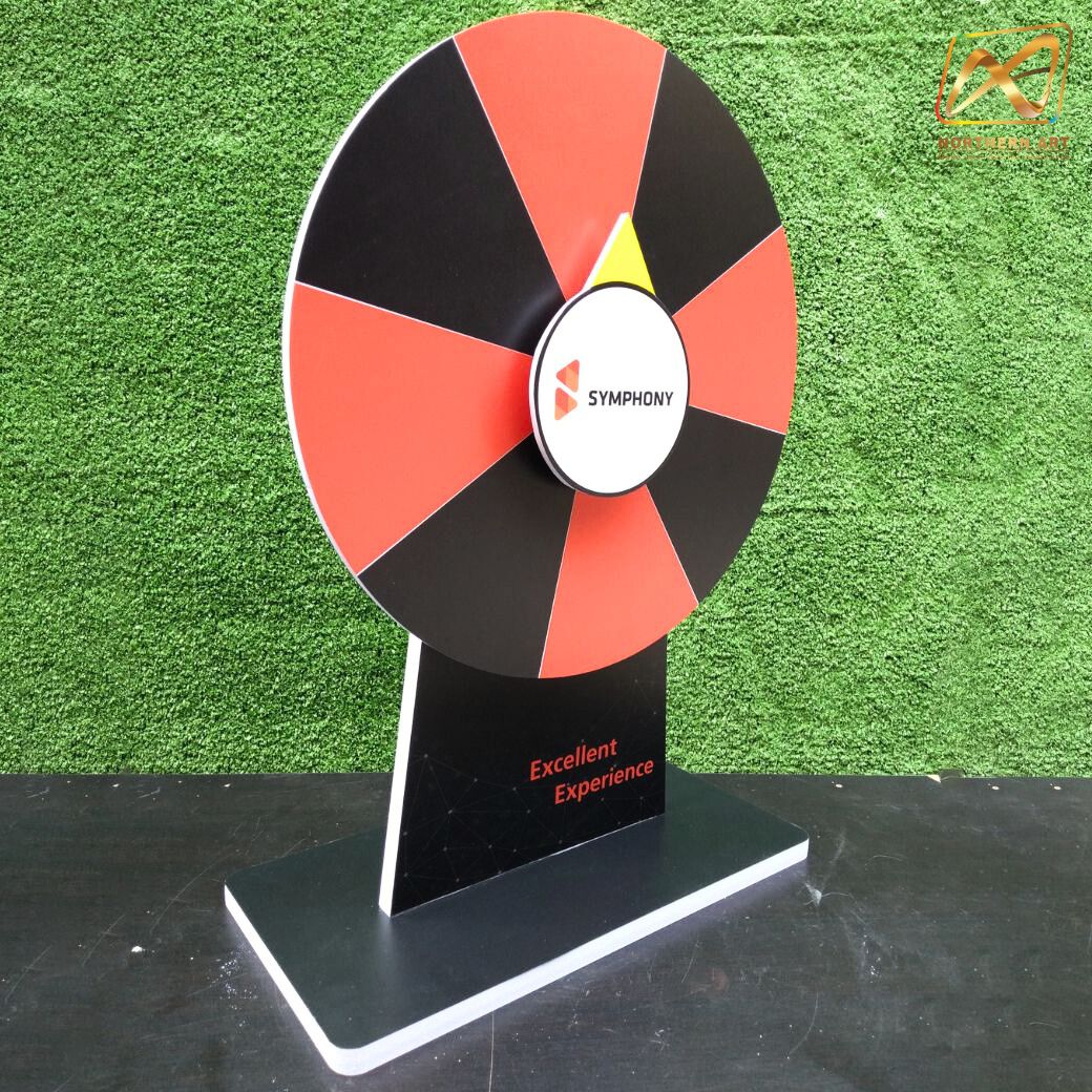 เกมส์วงล้อตั้งโต๊ะ ขนาดวงล้อ 40 ซม. สูง 56 ซม. วัสดุพลาสวูดสีขาว หนา 8-15 มม. ถอดประกอบได้