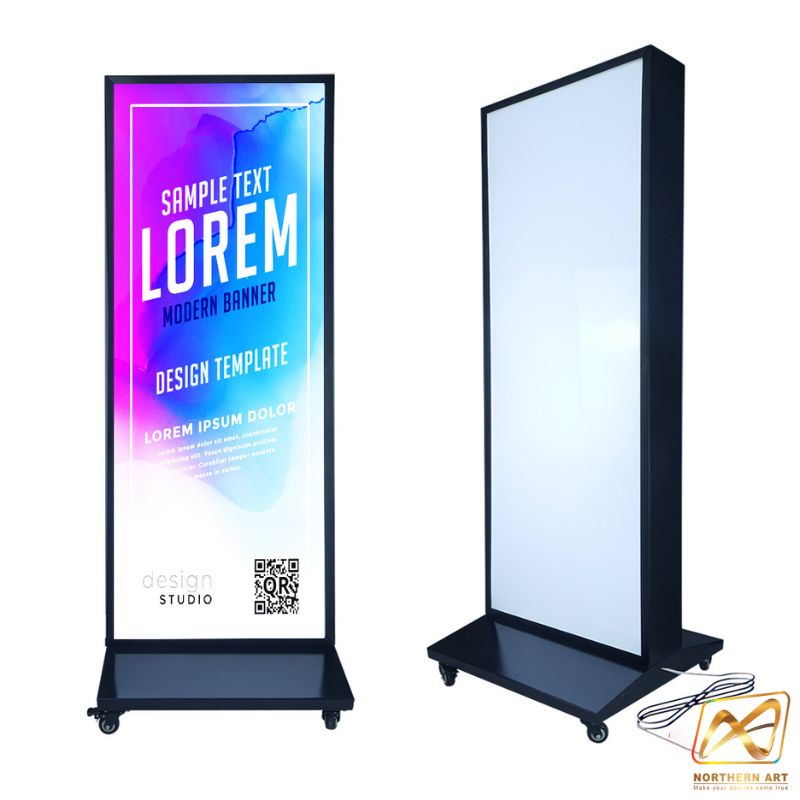 ตู้ไฟ LED ตั้งพื้น ฐานSLOPE ขนาด 60x175 ซม.โครงเหล็กพร้อมแผ่นซิงค์ สีดำ แผ่นอะคริลิค 2 แผ่น โชว์งานพิมพ์ 2 ด้าน มีล้อเลื่อน เคลื่อนย้ายสะดวก