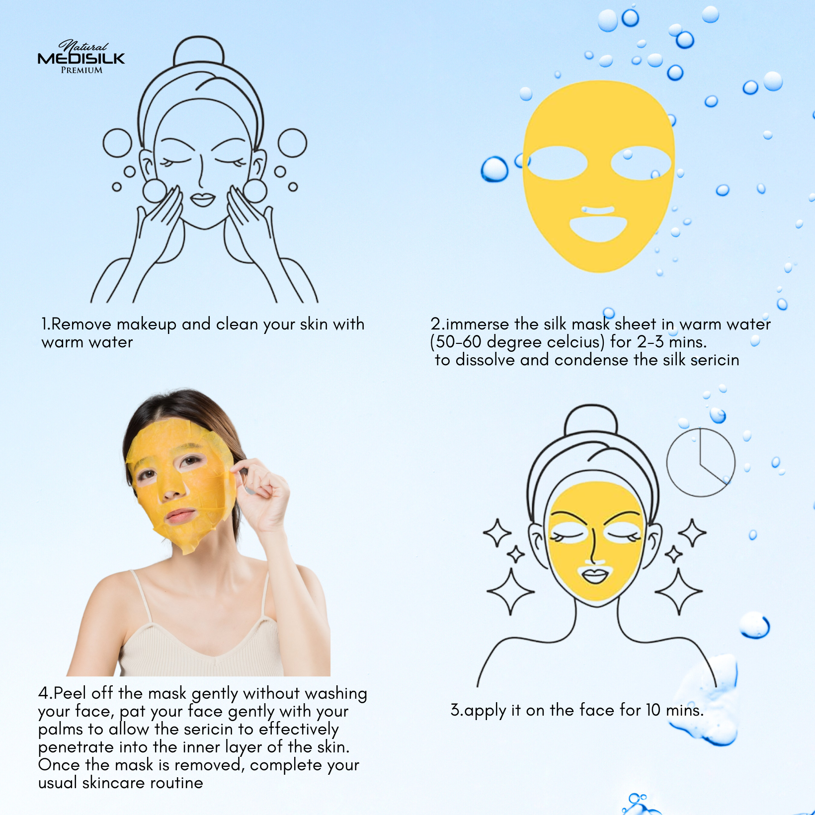 Travel set 3 pcs. 100% Reusable Natural Golden Raw Silk Sheet Face Mask แผ่นมาส์กหน้าใยไหมทองคำ 3 ชิ้น