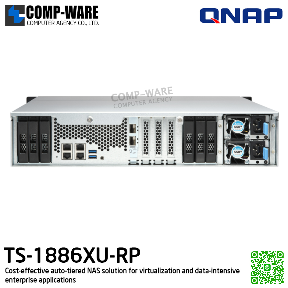 QNAP (2U 12+6Bay) TS-1886XU-RP-D1622-8G / Intel Xeon D-1622 (4C/8T) / 8GB ECC RDIMM RAM / 12x2.5"/3.5" SATA 6Gbps + 6x2.5" SATA 6Gbps / Redundant PSU / 3Y Warranty , No HDD , No Rail Kit