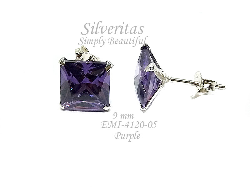 ต่างหูปักก้านเงินแท้ 925 พลอยCZ ขนาด 9 มม ทรง สี่เหลี่ยม - รหัส EMI-4120