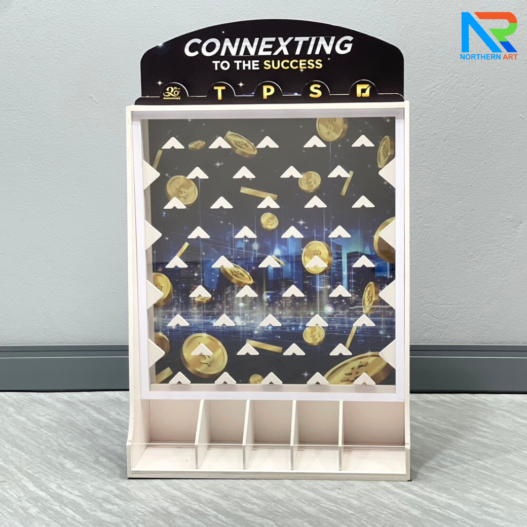 เช่าเกมส์หย่อนเหรียญตั้งโต๊ะ ขนาด (W)50 X (D)20 X (80) cm. วัสดุพลาสวูดหนา 8 มม. พร้อมเหรียญพลาสติกคละสี 10 เหรียญ