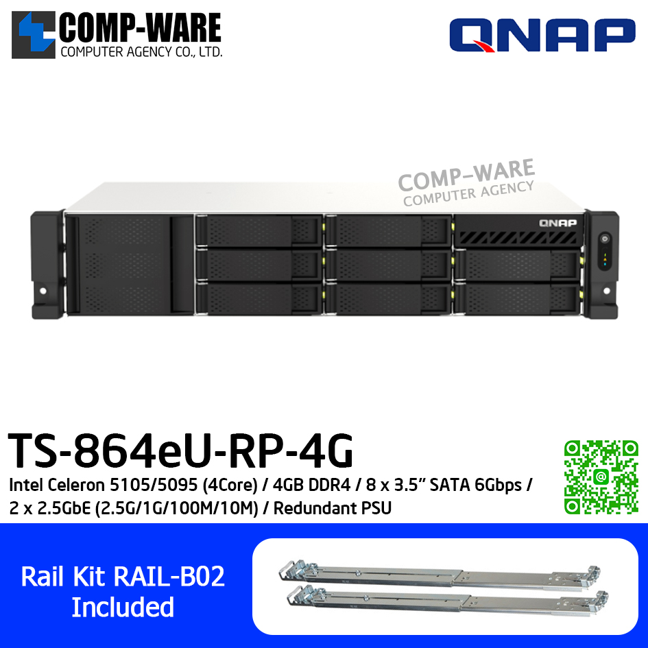 QNAP (2U 8-Bay) TS-864eU-RP-4G / Intel Celeron 5105/5095 (4Core) / 4GB DDR4 / 8 x 3.5" SATA 6Gbps / 2 x 2.5GbE (2.5G/1G/100M/10M) / Redundant PSU / 3Y Warranty / No HDD / Rail Kit RAIL-B02