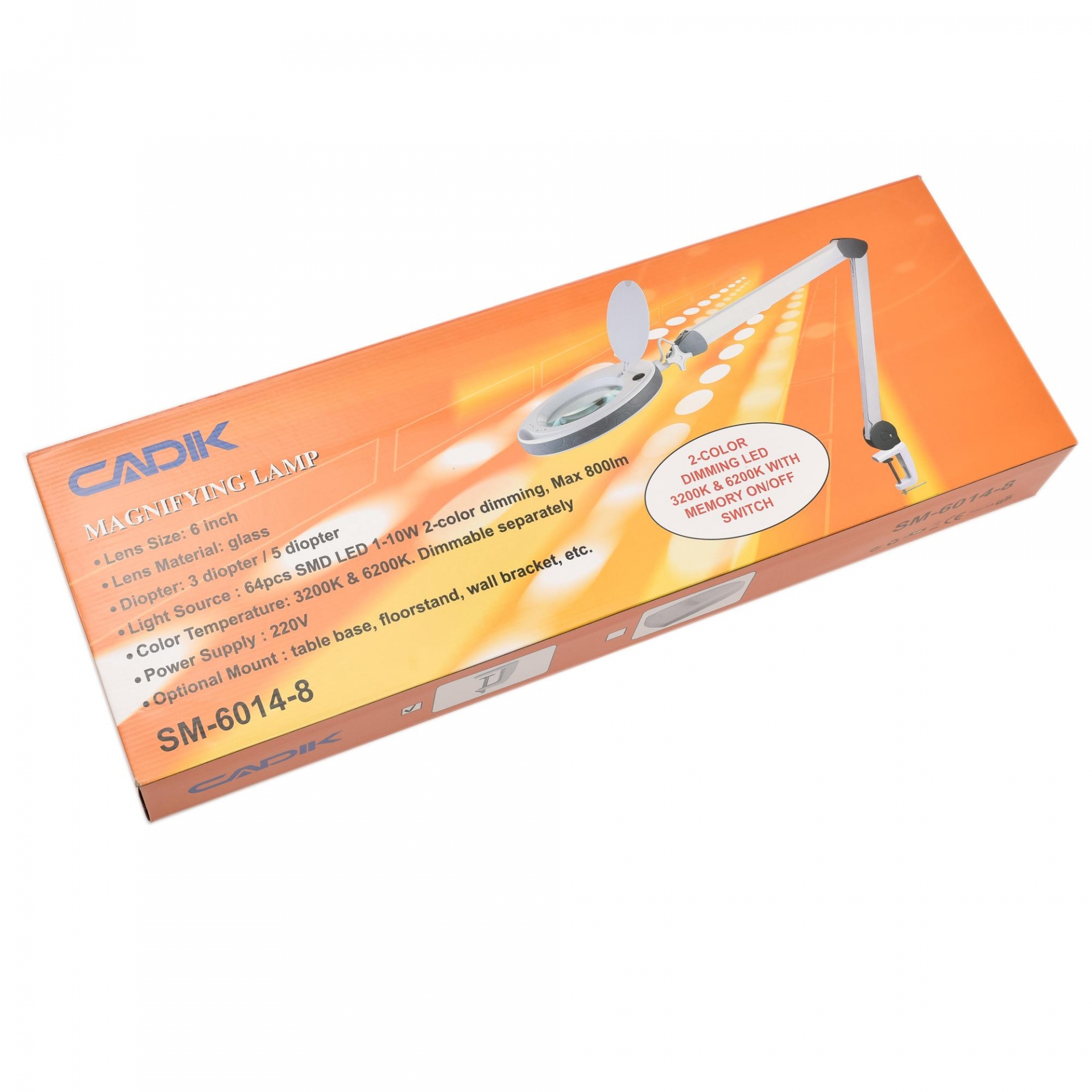 Cadik โคมไฟLEDสี warm และ daylight 800 ลูเมน ปรับความสว่างได้ แว่นขยาย 5D (2.25เท่า) เลนส์กระจก6นิ้ว แบบหนีบโต๊ะ รุ่น SM-6014-8