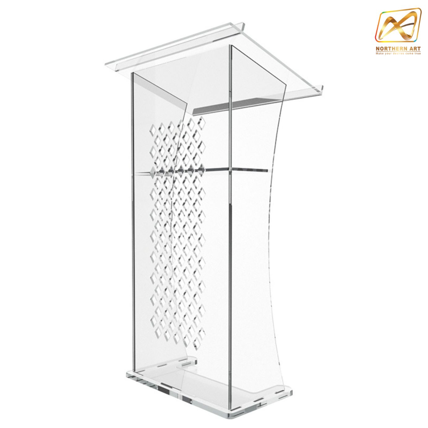 โพเดียม อะคริลิคใส AC-07 ขนาด 70x50x120 ซม.ด้านหน้าฉลุลาย TOP เอียงพร้อมกันตก วัสดุอะคริลิคใส หนา 10-20 มม.