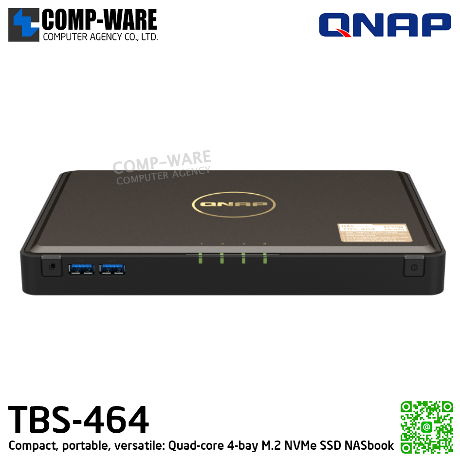 QNAP (Compact 4-Bay) TBS-464-8G / Intel Celeron N5105/N5095 (4C/4T) / 8GB DDR4 onboard / 4 x M.2 2280 PCIe Gen 3 x 2 SSD / 2 x 2.5GbE / Adapter / 2Y Warranty / No HDD (TBS-464)