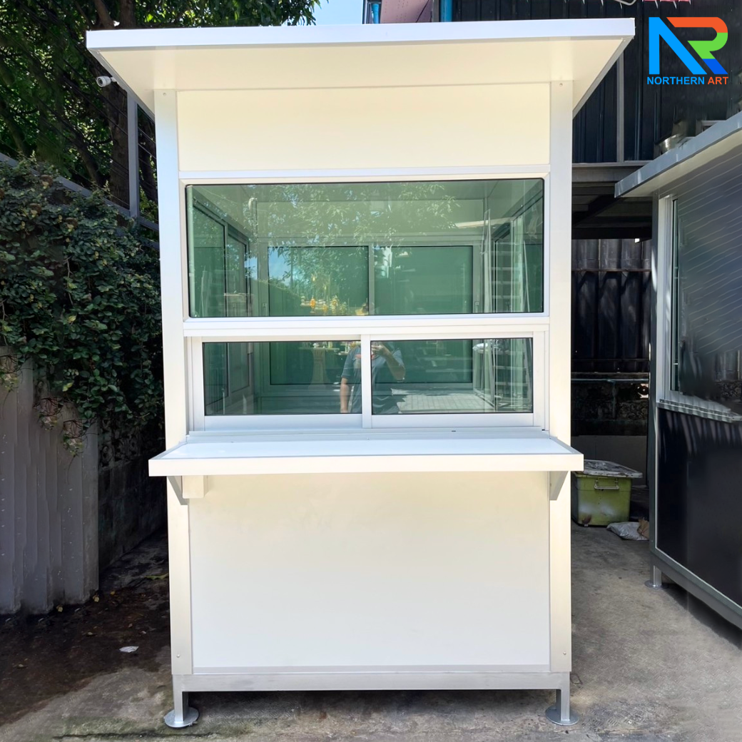 ป้อมยามสำเร็จรูป รุ่น ISOWALL ขนาด 1.50x1.50 ม.โครงสร้างเหล็ก ผนังISOWALL หนา 50 มม.กรอบประตู-หน้าต่าง อะลูมิเนียมสีเงิน