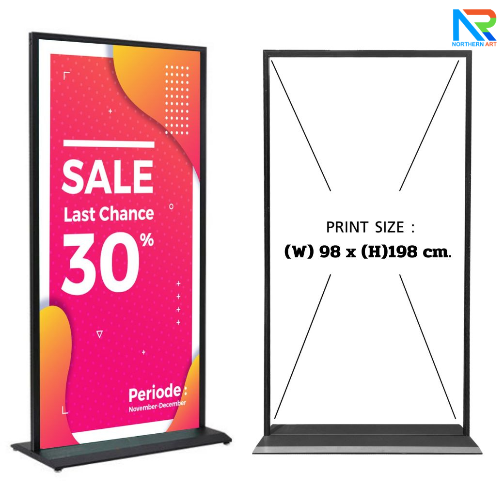 ป้ายตั้งพื้น ฐานเหลี่ยม สีดำ ขนาด (W)100 x (H) 200 cm. โชว์งานพิมพ์ 2 ด้าน ถอดประกอบได้ เคลื่อนย้ายสะดวก