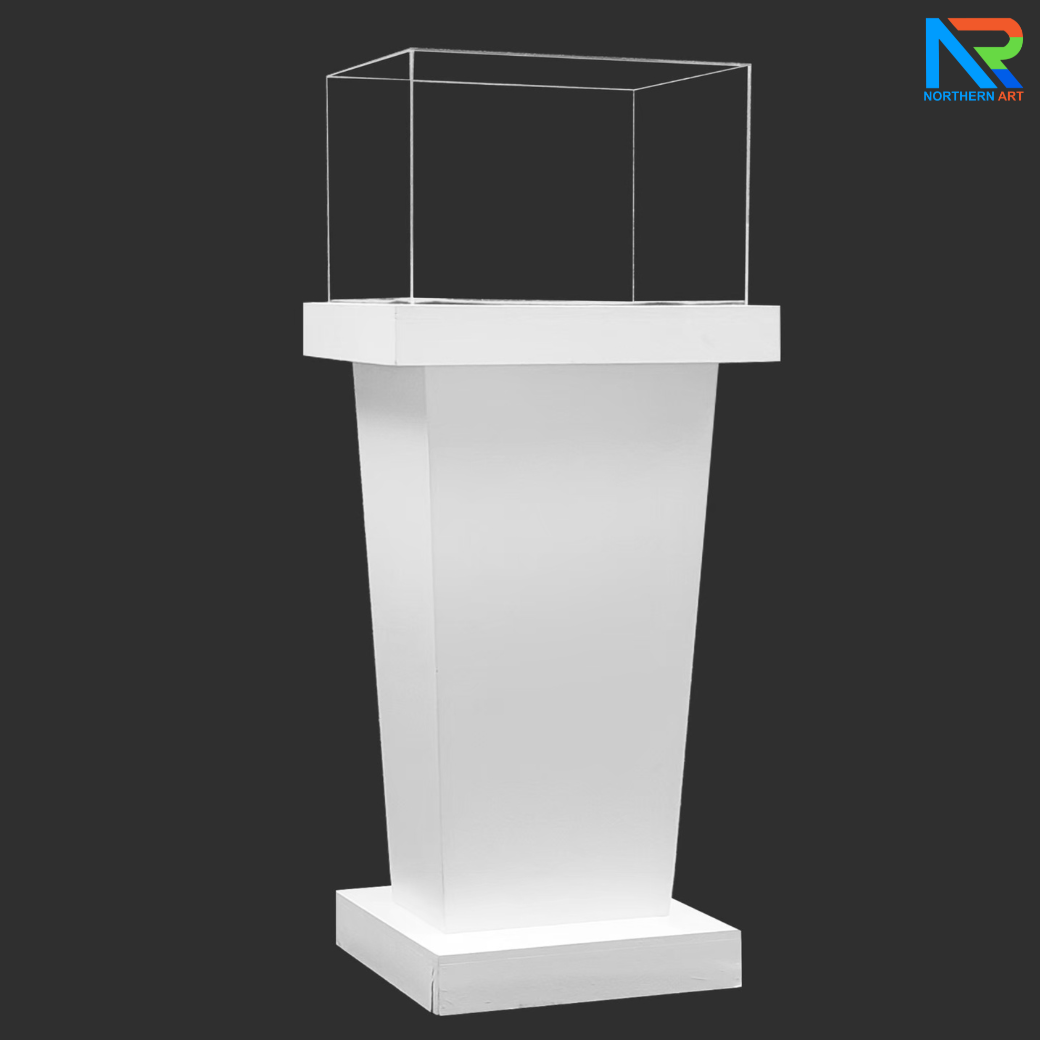 แท่นโชว์สินค้า ดีสเพลย์โชว์สินค้า โต๊ะโชว์สินค้า สีขาว ขนาด (W)50 x (L)50 x (H)120 cm. พร้อมอะคริลิคใส ครอบด้านบน