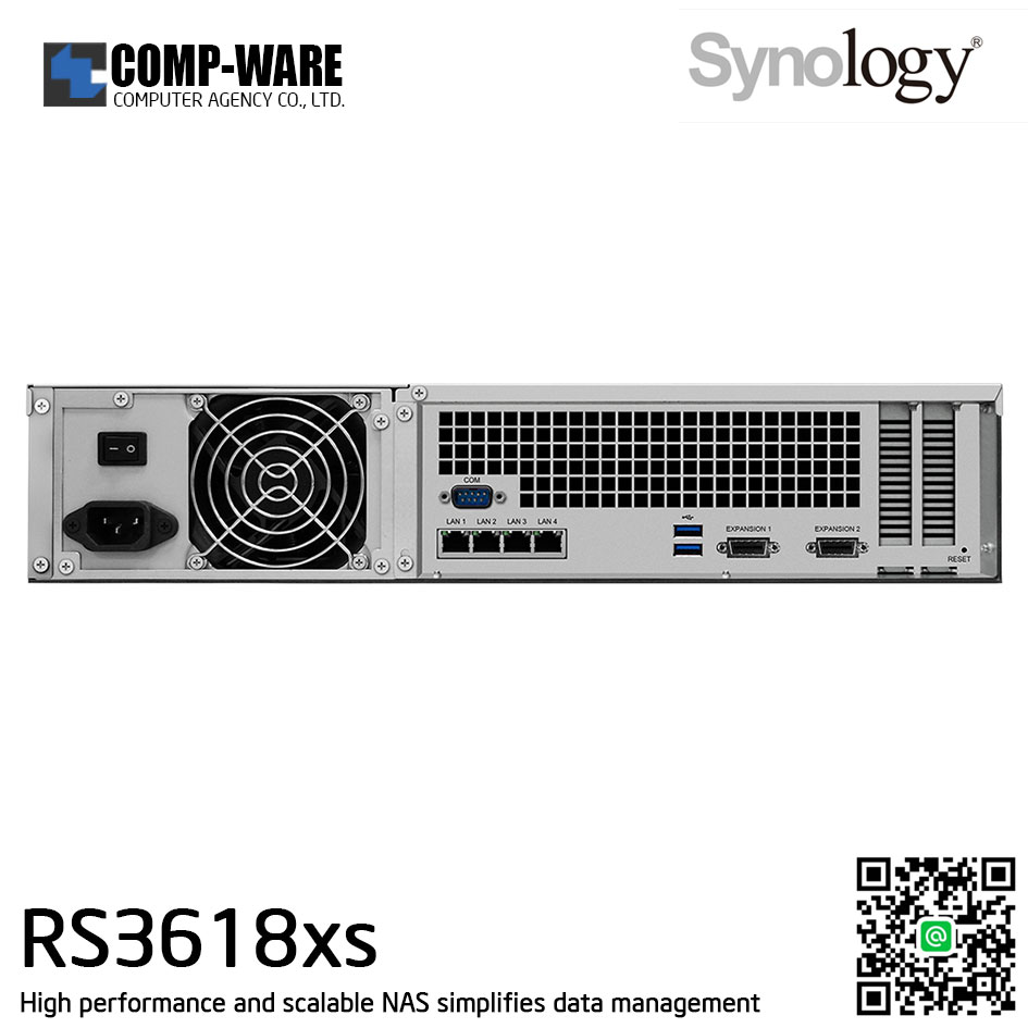 Synology RackStation (2U 12-Bay) RS3618xs / Intel Xeon D-1521 Quad-Core / 8GB ECC RAM (Max.64GB) / 4x1GbE Base T / Rail Kit RKS-02 / 5Y Warranty / No HDD