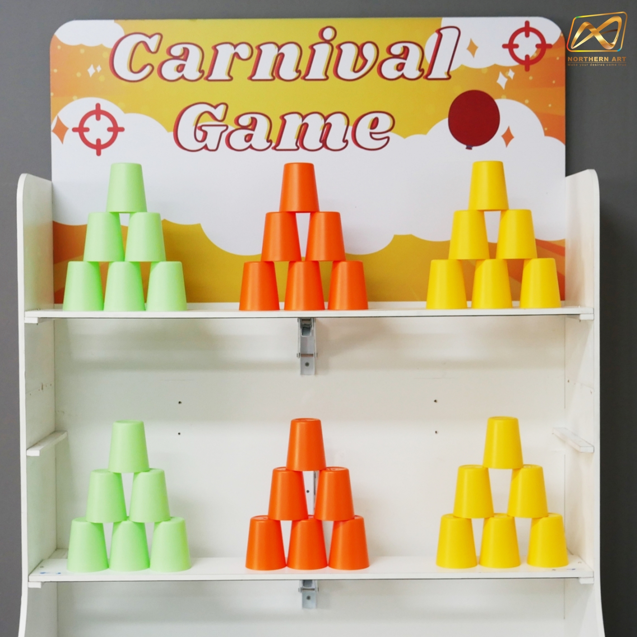 เช่าเกมส์ปาแก้ว ขนาดโครง (W) 90 x (L)36 x (H)180 cm. พร้อมแก้ว 36 ใบ และบอลโฟม 12 ลูก