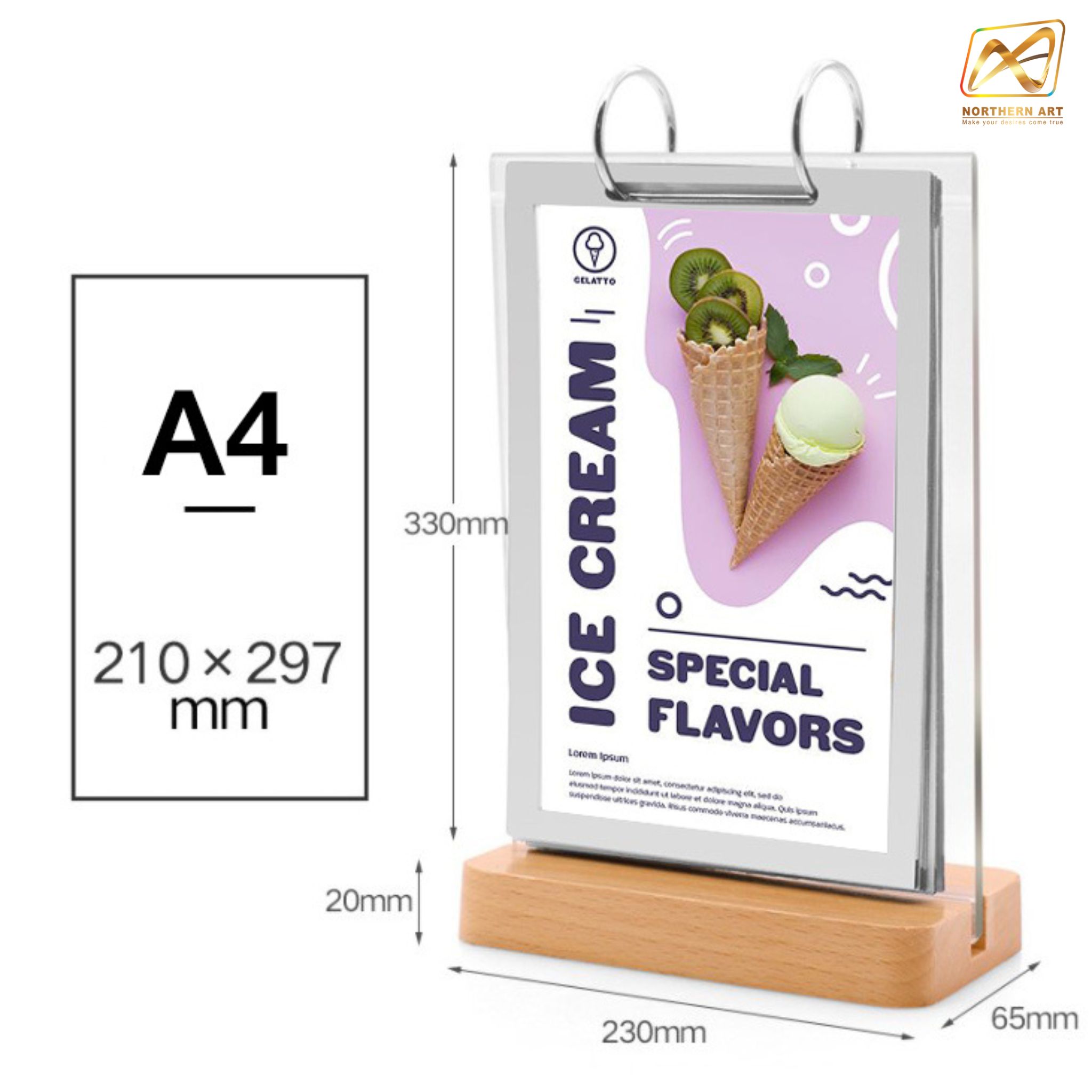 เมนูสแตนไม้ ตั้งโต๊ะ D3 ฐานไม้จริง สีบีช พร้อมซอง 6 ซอง โชว์งานพิมพ์ 2 ด้าน