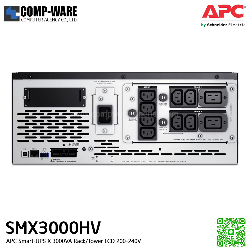 APC SMX Series Smart-UPS X 3000VA Short Depth Tower/Rack Convertible,LCD ,200-240V , SmartSlot สำหรับใส่ network card (ต้องซื้อเพิ่มเป็น option), รองรับbattery pack สูงสุด 10 pack APC-SMX3000HV