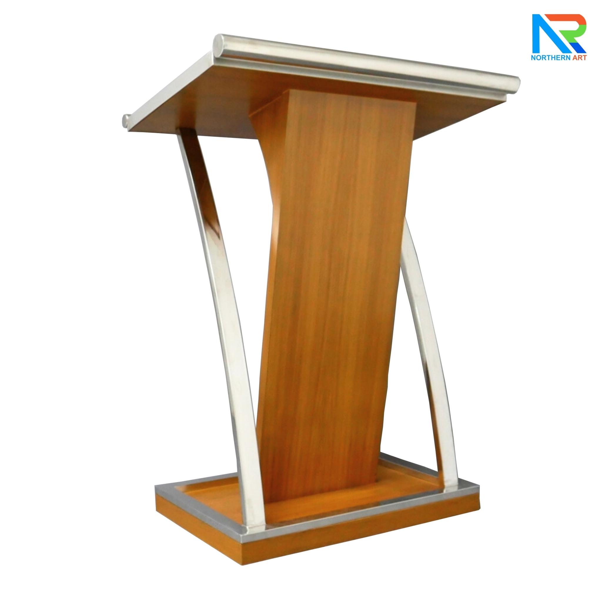 โพเดียมไม้ ยืนคู่ สีสัก ขนาด (W) 90x (L) 59 x (H) 120 cm.Topและฐาน หุ้มสแตนเลสเกรด304