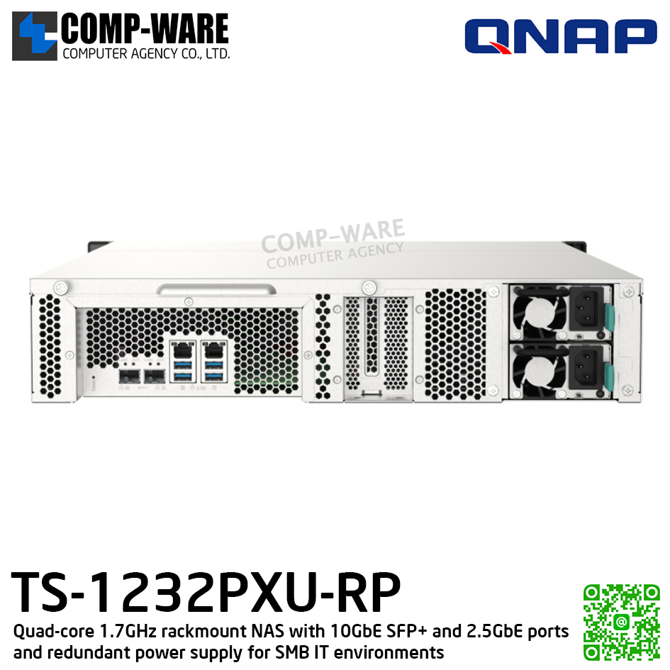 QNAP (2U 12-Bay) TS-1232PXU-RP-4G / Annapurna Labs Alpine AL324 (4Core) / 4GB DDR4 UDIMM / 12 x 2.5"/3.5" SATA 6Gbps / 2 x 10GbE SFP+ + 2 x 2.5GbE / Redundant PSU / 3Y Warranty / No HDD / Rail kit RAIL-B02