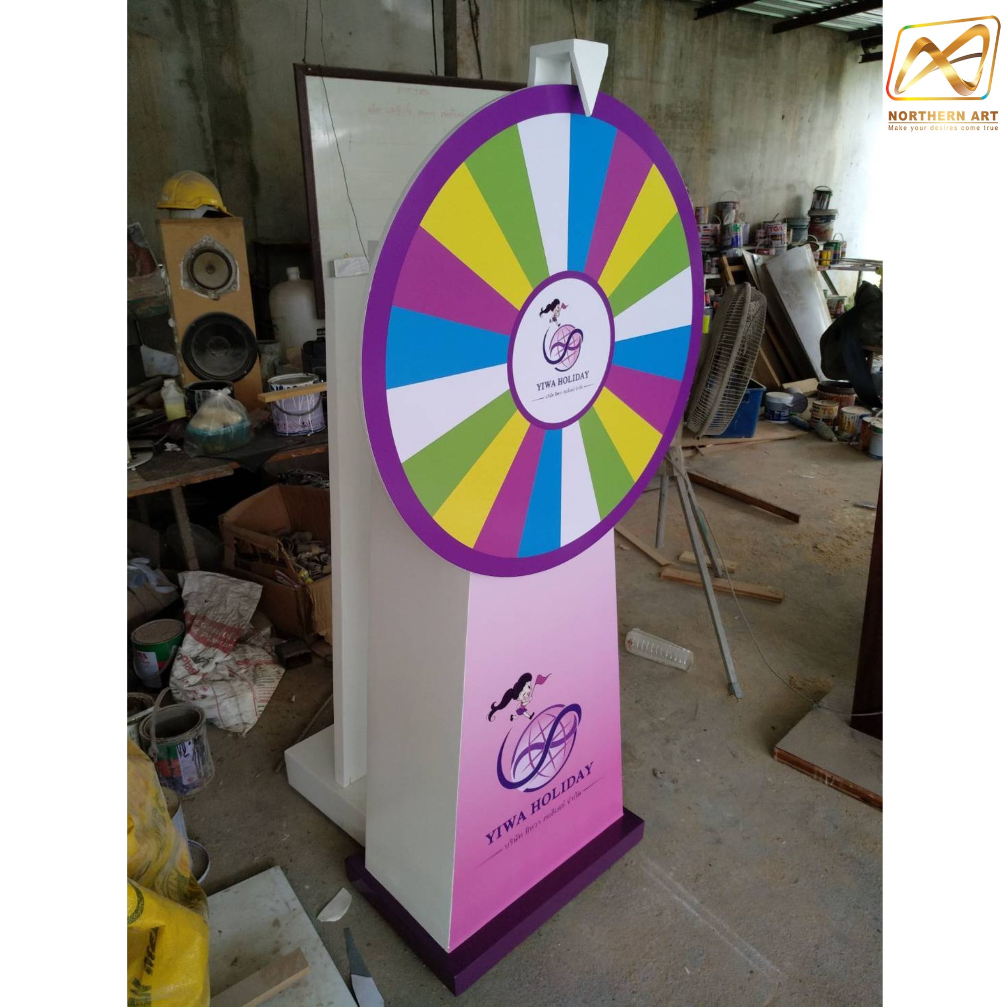 เกมส์วงล้อตั้งพื้น มือหมุน สีขาว ขนาดวงล้อ 80 ซม.สูง 170 ซม. ถอดประกอบไม่ได้