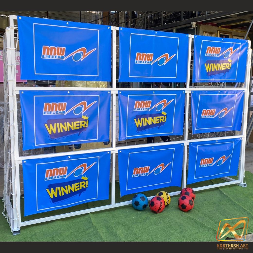 เข่าเกมส์ฟุตบอล เกมส์เตะบอล เกมส์FOOTBALL ขนาด (W)3 x (H)2 ม.โครงเหล็กสีขาว ถอดประกอบได้ พร้อมป้าย9 ช่อง