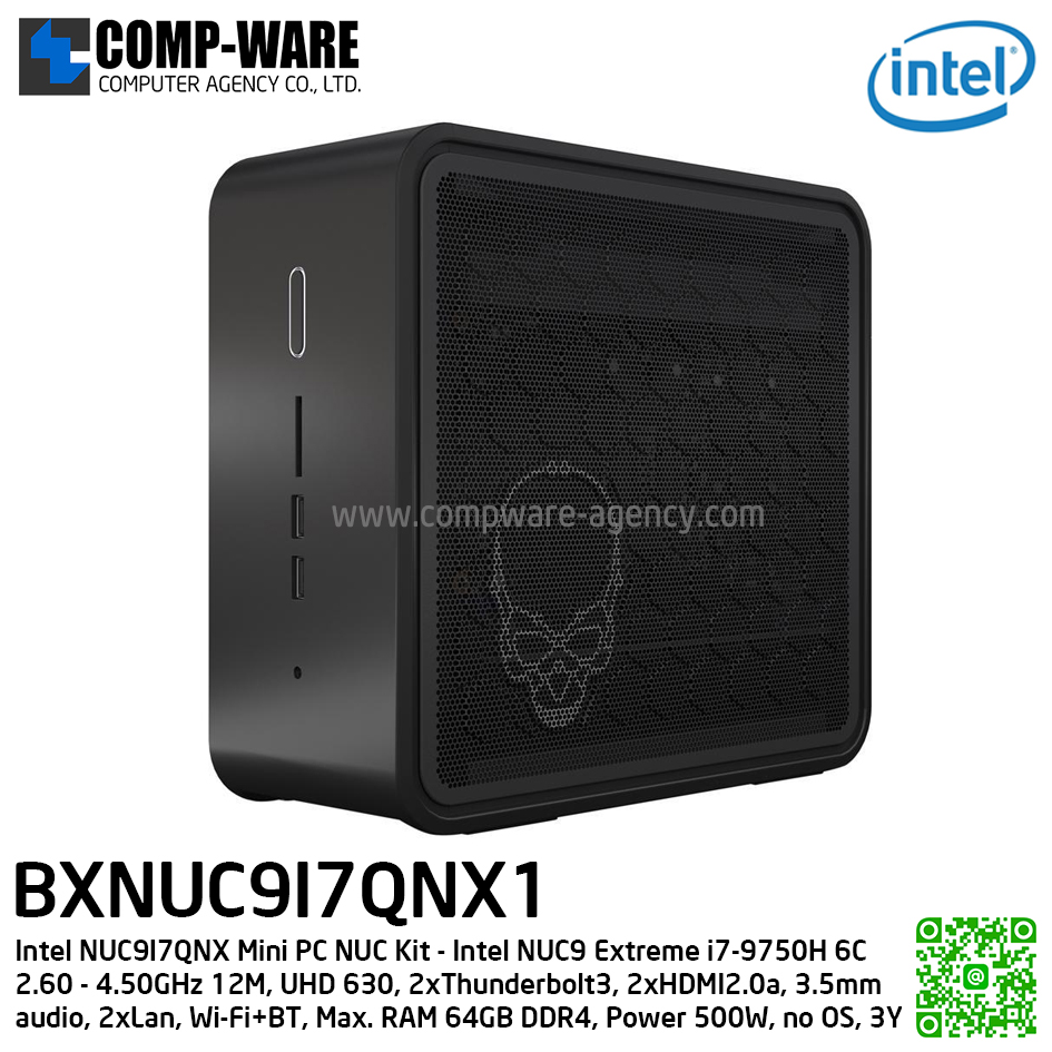 Intel NUC9I7QNX Mini PC NUC Kit - (เครื่องเปล่า) Intel NUC9 Extreme i7-9750H 6C 2.60 - 4.50GHz 12M, UHD 630, 2xThunderbolt3, 2xHDMI2.0a, 3.5mm audio, 2xLan, Wi-Fi+BT, Power 500W, no OS, 3Y (รองรับการ์ดจอแยก) BXNUC9I7QNX1