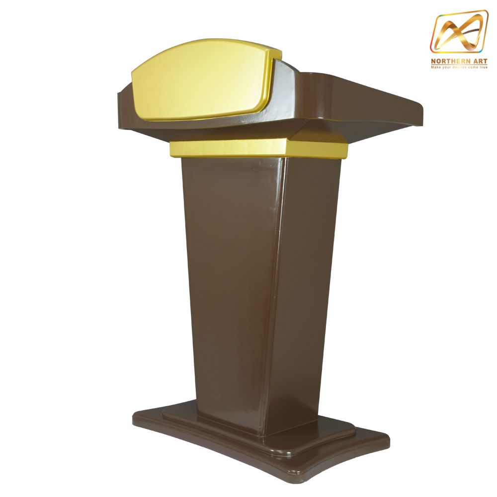 โพเดียมไม้สีโอ๊คและสีทอง รุ่น PD-07 ขนาดTOP 90 x 47 ซม.สูง 120 ซม. พร้อมชั้นวางของ