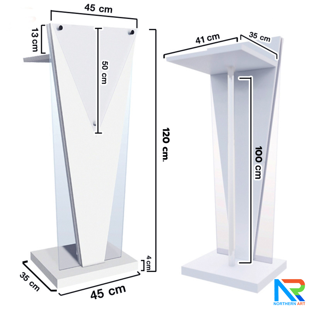 โพเดียมไม้สีขาว ทรงสามเหลี่ยม ขนาด (W) 45 x (L) 35 x (H) 120 cm. ด้านข้างอะคริลิคใส หนา 8 มม. ด้านหน้าอะคริลิคใส ติดหมุด สำหรับติดโลโก้