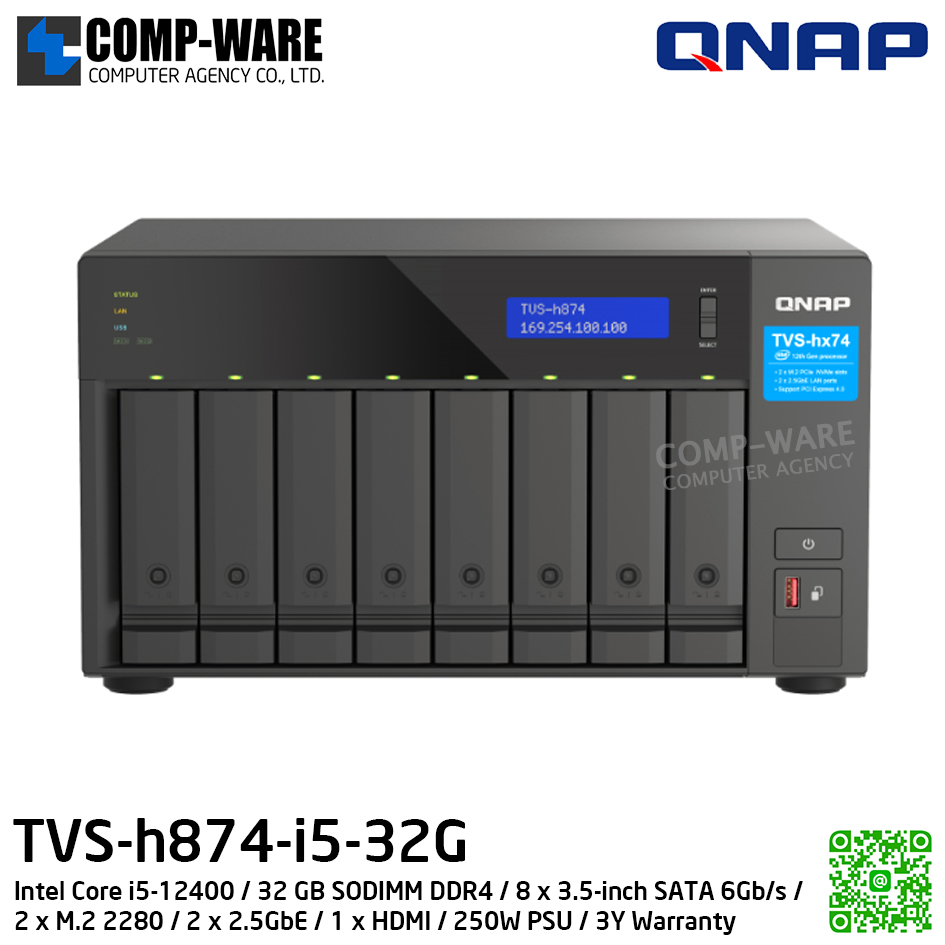 QNAP (Tower 8-Bay) TVS-h874-i5-32G / Intel Core i5-12400 / 32 GB SODIMM DDR4 / 8 x 3.5-inch SATA 6Gb/s / 2 x M.2 2280 / 2 x 2.5GbE / 1 x HDMI / 250W PSU / 3Y Warranty / No HDD