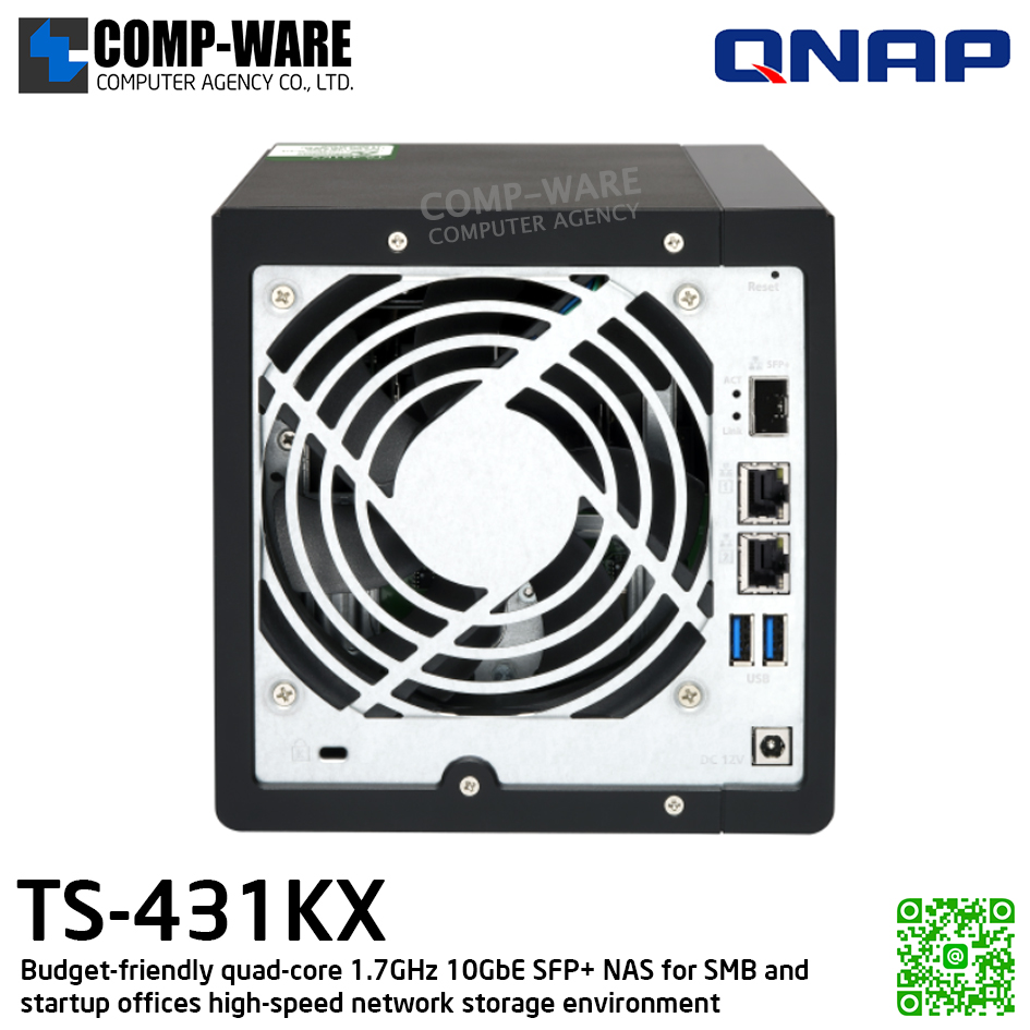 QNAP (Tower 4-Bay) TS-431KX-2G / Annapurna Labs Alpine AL-214 (4Core) / 2GB DDR3L SODIMM / 4 x 2.5"/3.5" SATA 6Gbps / 1 x 10GbE SFP+ & 2 x GbE / Adapter Power / 2Y Warranty / No HDD