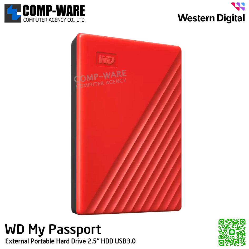 WD 5TB My Passport External Portable Hard Drive 2.5" HDD USB3.0 (Red) WDBPKJ0050BRD-WESN รับประกัน 3 ปี