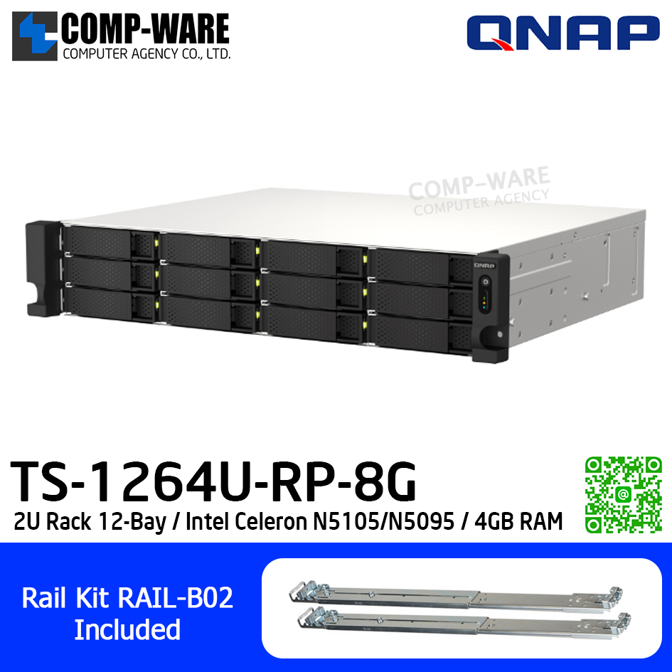 QNAP (2U 12-Bay) TS-1264U-RP-8G / Intel Celeron N5105/N5095 / 4GB DDR4 SODIMM / 12 x 2.5"/3.5" SATA 6Gbps / 2 x 2.5GbE / Redundant PSU / 3Y Warranty / No HDD / Rail kit RAIL-B02