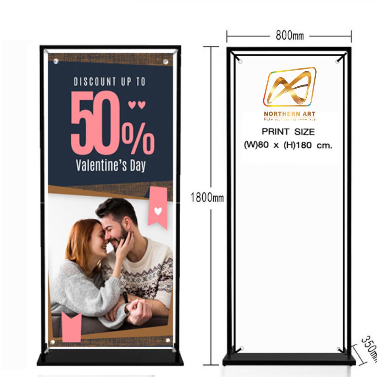 ป้ายตั้งพื้น แบบแขวน ขนาด 80x180 ซม. ฐานเหล็กทึบ สีดำ ถอดประกอบได้ เคลื่อนย้ายสะดวก