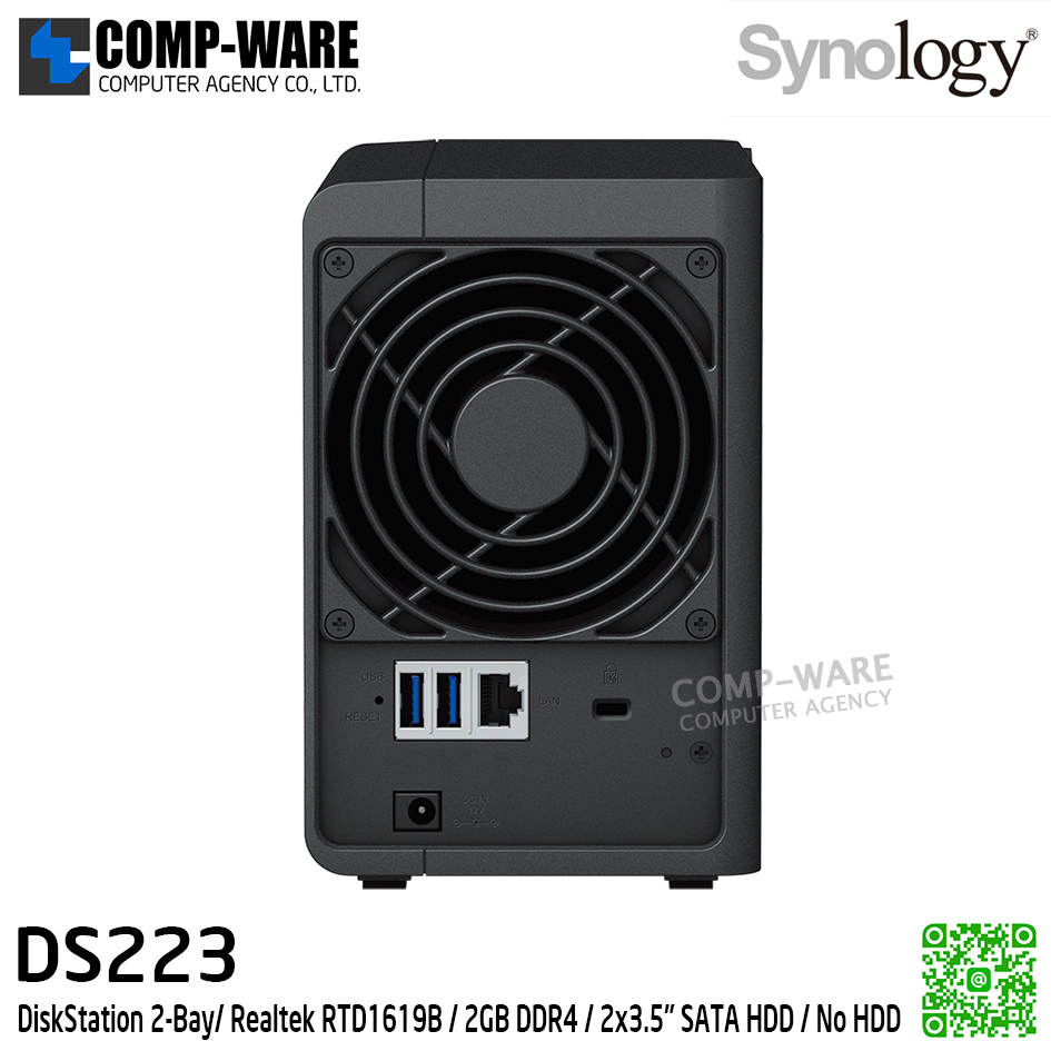 Synology DiskStation (Tower 2-Bay) DS223 / Realtek RTD1619B / 2GB DDR4 / 2x3.5" SATA HDD / No HDD / 2Y Warranty