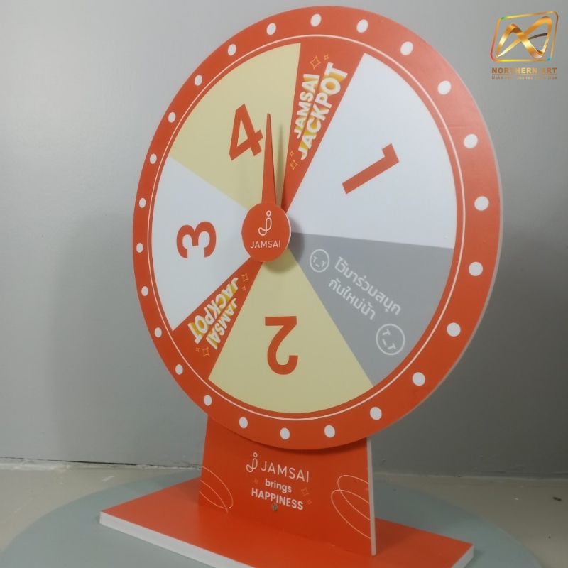 เกมส์วงล้อตั้งโต๊ะ ขนาดวงล้อ 50 ซม. สูง 61.5 ซม. วัสดุพลาสวูดสีขาว หนา 8-15 มม. ถอดประกอบได้