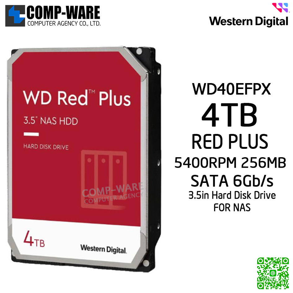 WD Red Plus 4TB NAS Hard Disk Drive - 5400RPM SATA 6Gb/s 256MB Cache 3.5Inch - WD40EFPX รับประกัน 3ปี