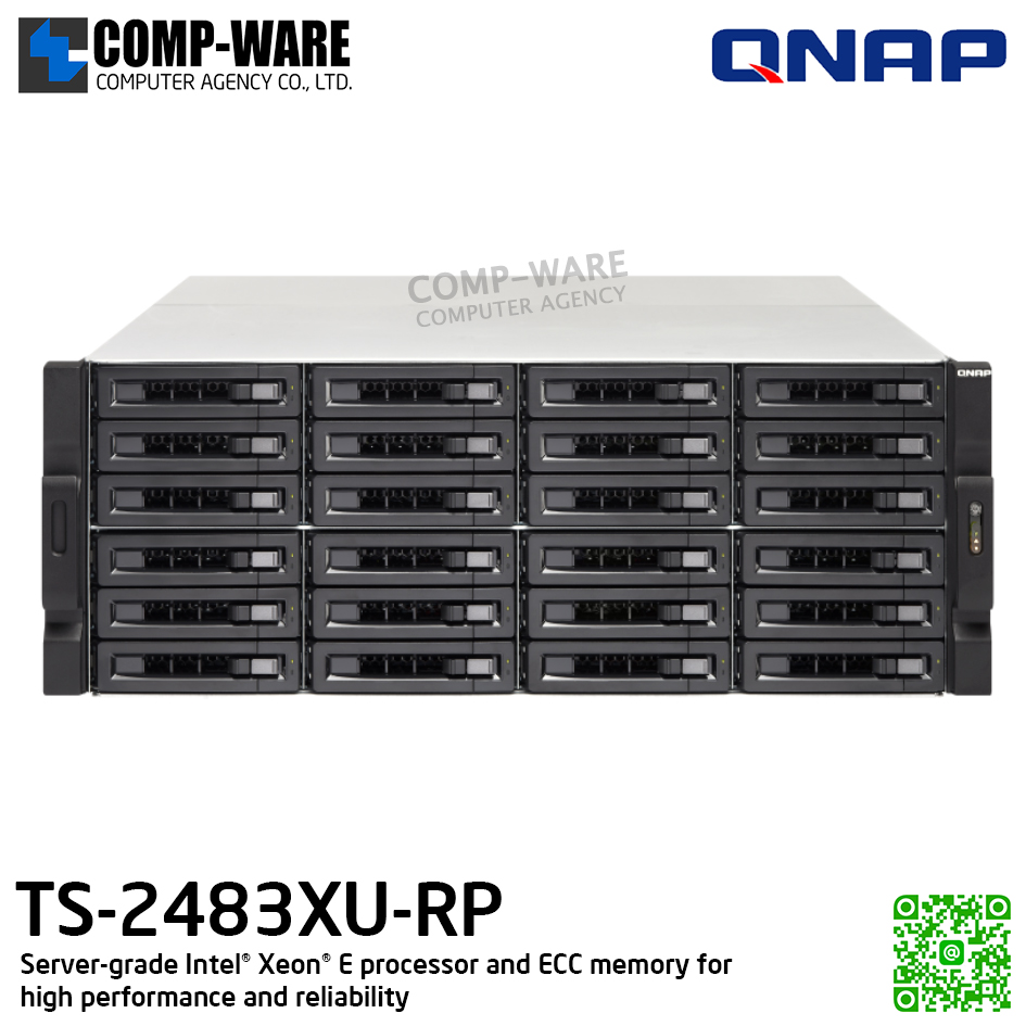 QNAP (4U 24-Bay) TS-2483XU-RP-E2136-16G / Intel Xeon E-2136 (6C/12T) / 16GB DDR4 ECC / 24 x 2.5"/3.5" SATA 6Gbps / 4 GigaLan, 2 x 10GbE SFP+ SmartNIC / 800W Redundant PSU / 3Y Warranty / No HDD / Rail Kit RAIL-A02-90