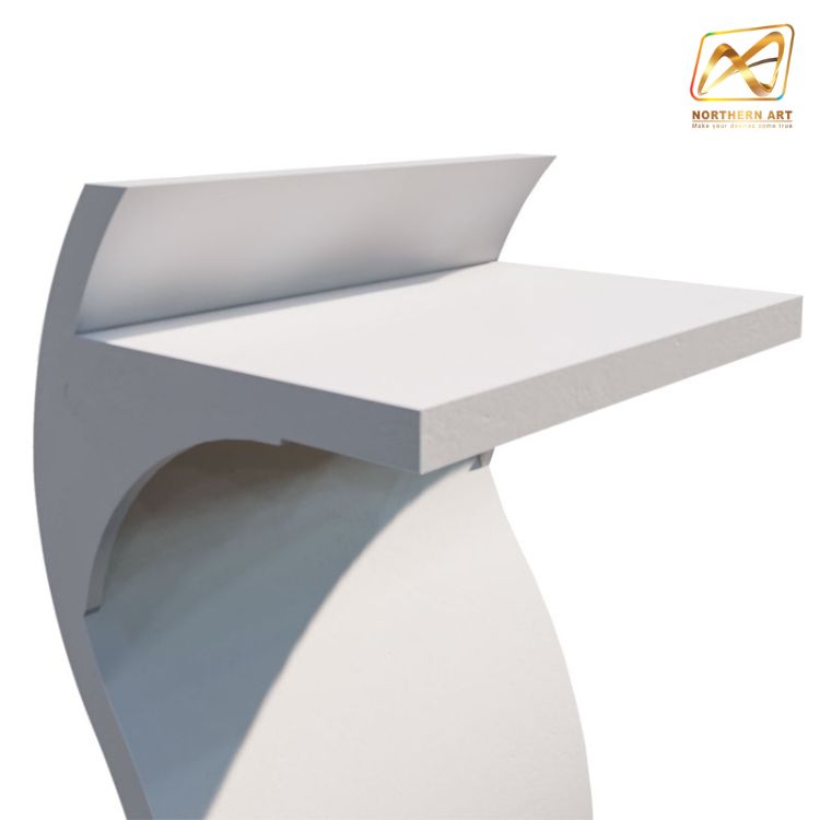 โพเดียมไม้ สีขาว ทรง S Shape Podium พร้อมอะคริลิคติดหมุดด้านหน้า สำหรับติดโลโก้