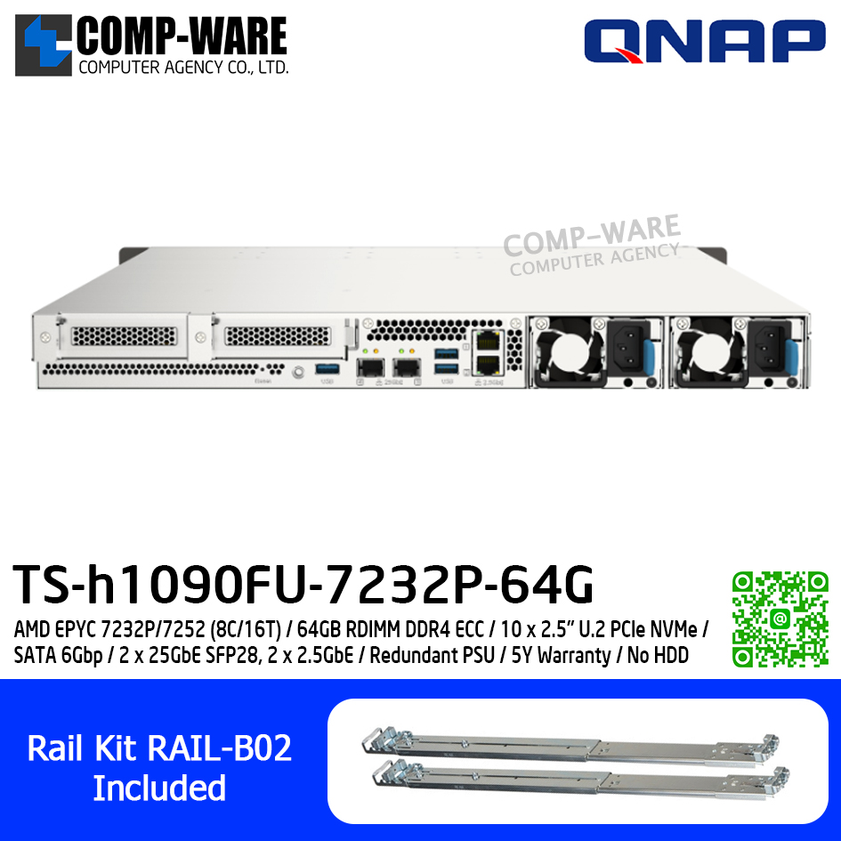 QNAP (1U 10-Bay) TS-h1090FU-7232P-64G / AMD EPYC 7232P/7252 (8C/16T) / 64GB RDIMM DDR4 ECC / 10 x 2.5" U.2 PCIe NVMe / SATA 6Gbp / 2 x 25GbE SFP28, 2 x 2.5GbE / Redundant PSU / 5Y Warranty / No HDD / Rail Kit RAIL-B02